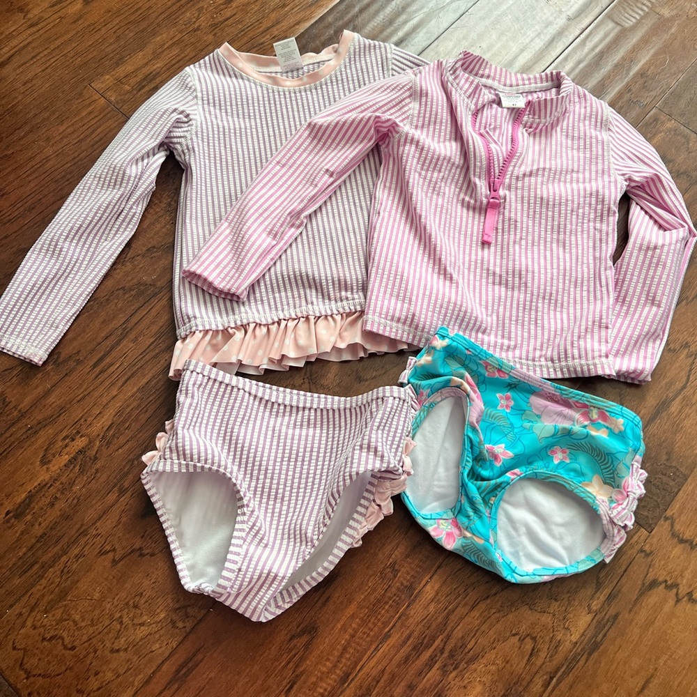 RuffleButts Pink and Purple Striped Kids Rashguard Set